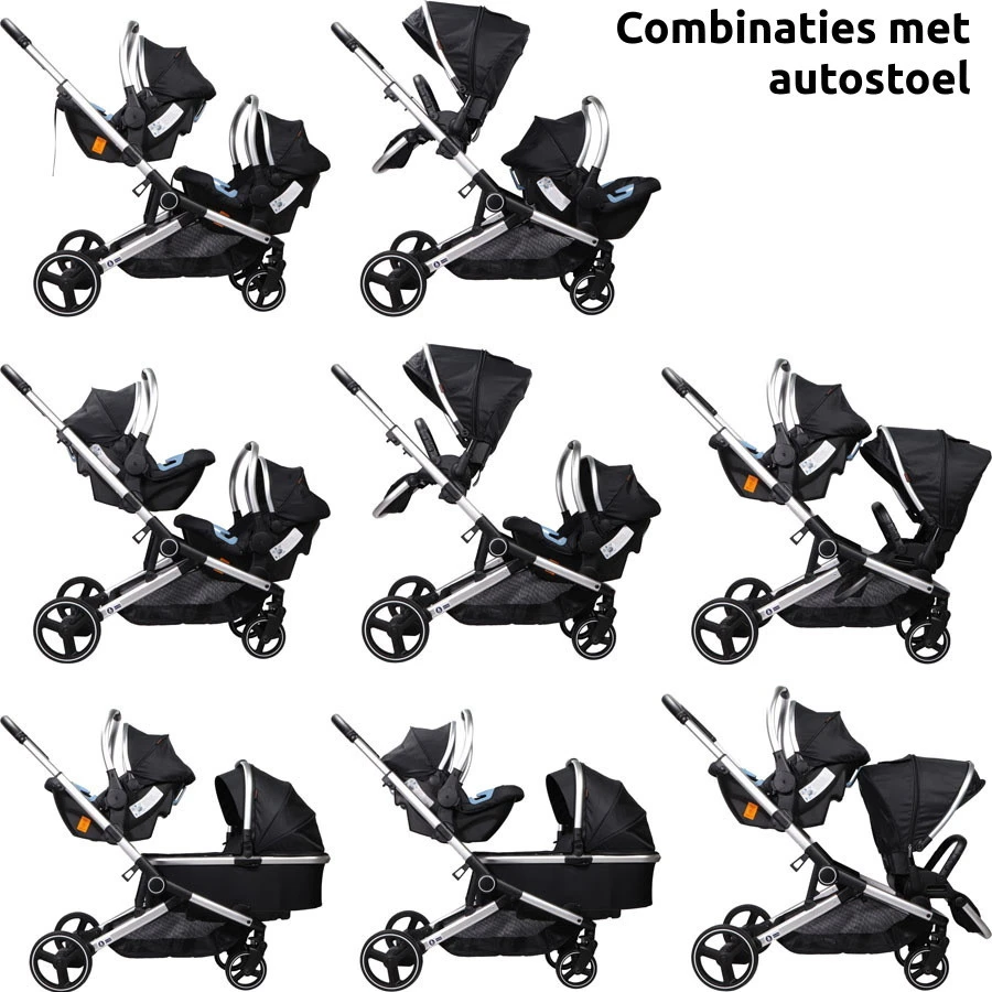 Ding Amigo Black/Silver Tweeling Kinderwagen Incl. 2 Autostoelen DI-191710 -Winkel Voor Babyreisartikelen ding amigo black silver tweeling kinderwagen incl. 2 autostoelen di 191710 1 1